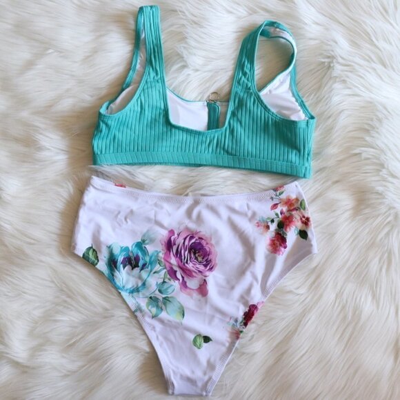 NEW Aqua Blue White Floral High Waist Bikini Bathing Suit Set Size XS - Picture 6 of 9